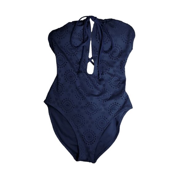 Aerie Navy Eyelet Mesh Crisscross Back One-Piece Swimsuit - Picture 1 of 7